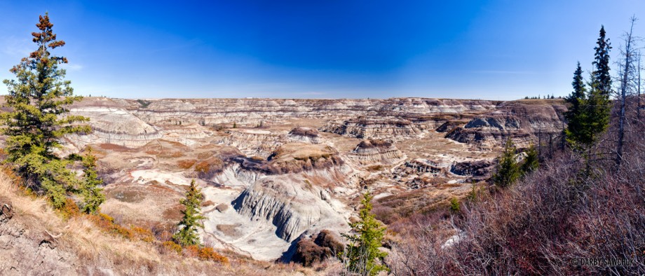 Geological strata are visible in Horseshoe Canyon near Drumheller, Alberta, Canada.