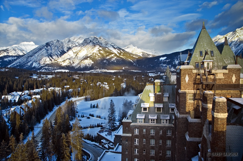 The view from the top of the Banff Springs Hotel in the winter.
