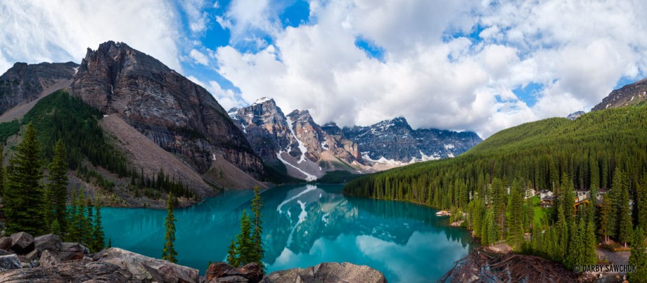 A panoramic view of  glacially-fed Moraine Lake in the Valley of the Ten Peaks in the Alberta Rocky Mountains.