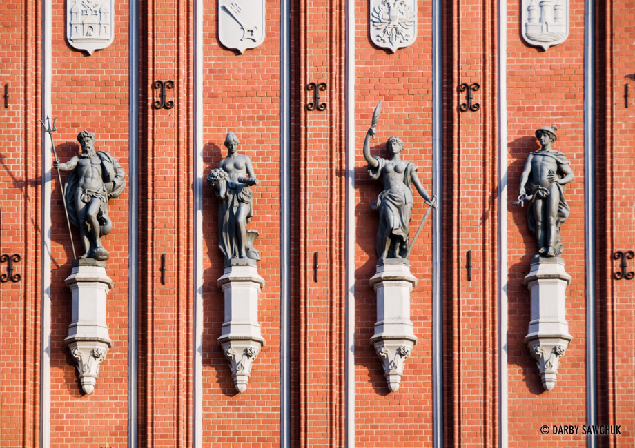 A detail of the statues on the front of the House of Blackheads in Riga, Latvia.