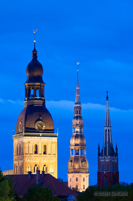 The Dome Cathedral, St. Peter's Church, and St. Jacob's Cathedral in Riga, Latvia.