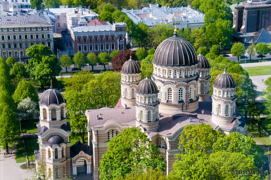 The Russian Orthodox Cathedral viewed from above in Riga.