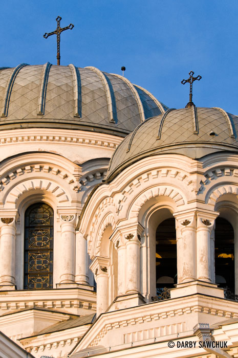 A close-up shot of the domes on the roof of St Michael the Archangel church in Kaunas, Lithuania.