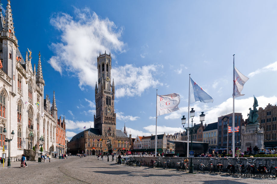 Market Square and the 13th century Belfry in Bruges, Belgium.