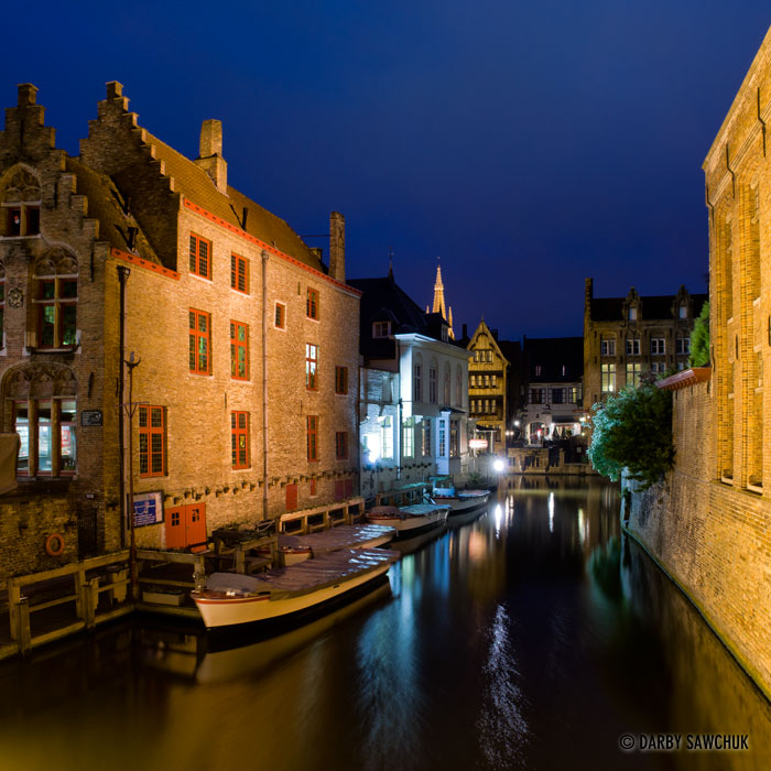 The Groenerei canal in Bruges, Belgium at night.