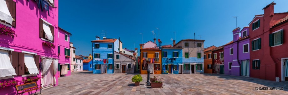 A panoramic view of one of the squares in BUrano, Italy.
