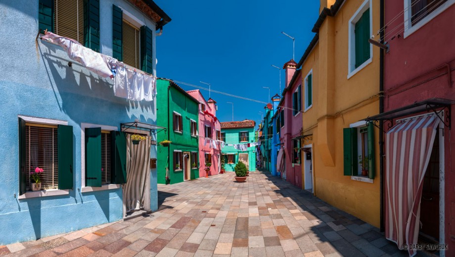 A panoramic view of one of the streets in Burano, Italy.