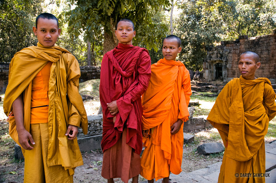 Novice Buddhist monks at the temple of Ta Prohm in Cambodia.
