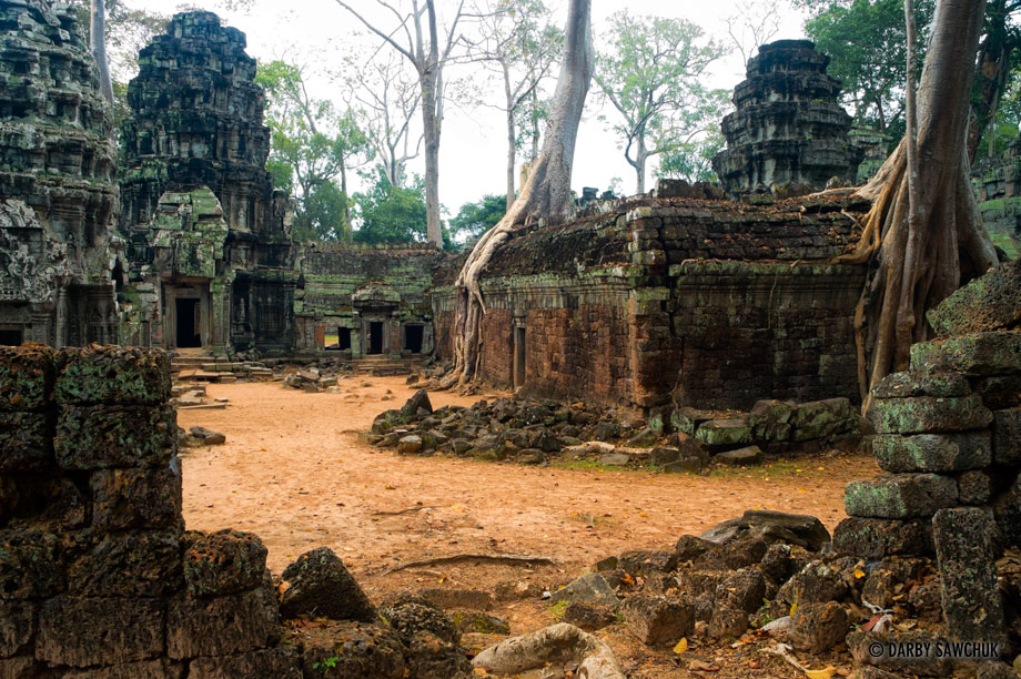 The temple of Ta Prohm has been left mostly as it was found when discovered with the jungle mingling with the ruined structures.