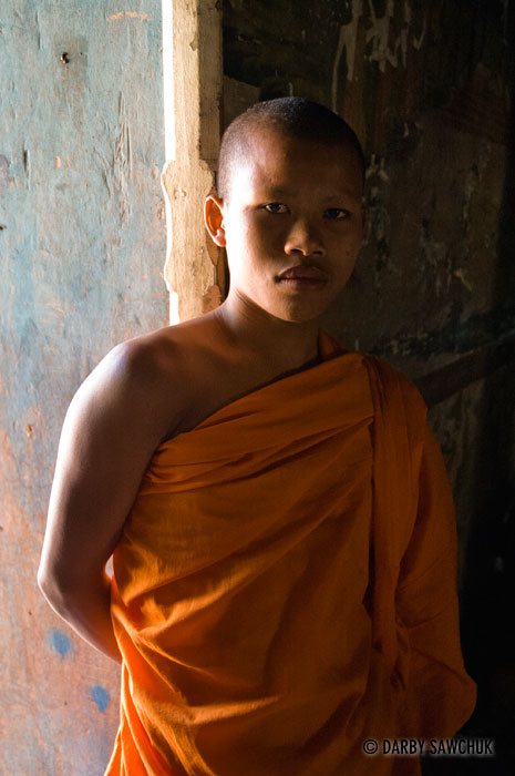 A novice Buddhist monk at the Bakong Monastery in Cambodia.