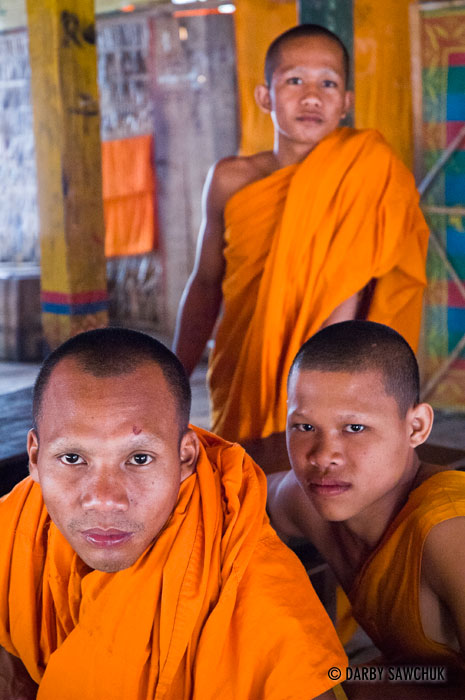 Novice Buddhist monks in their classroom at the Bakong Monastery in Cambodia.