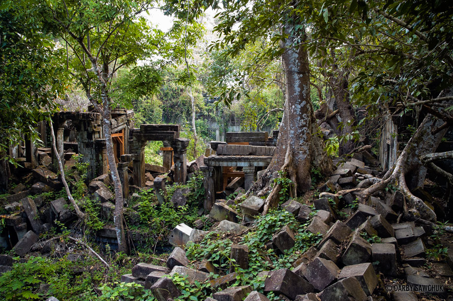 The ruined Beng Mealea temple has been left unrestored and sees less tourist traffic due to its distance from Siem Reap.