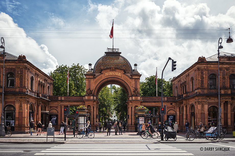 The north entrance to Tivoli Gardens, an amusement park in Copenhagen, Denmark.