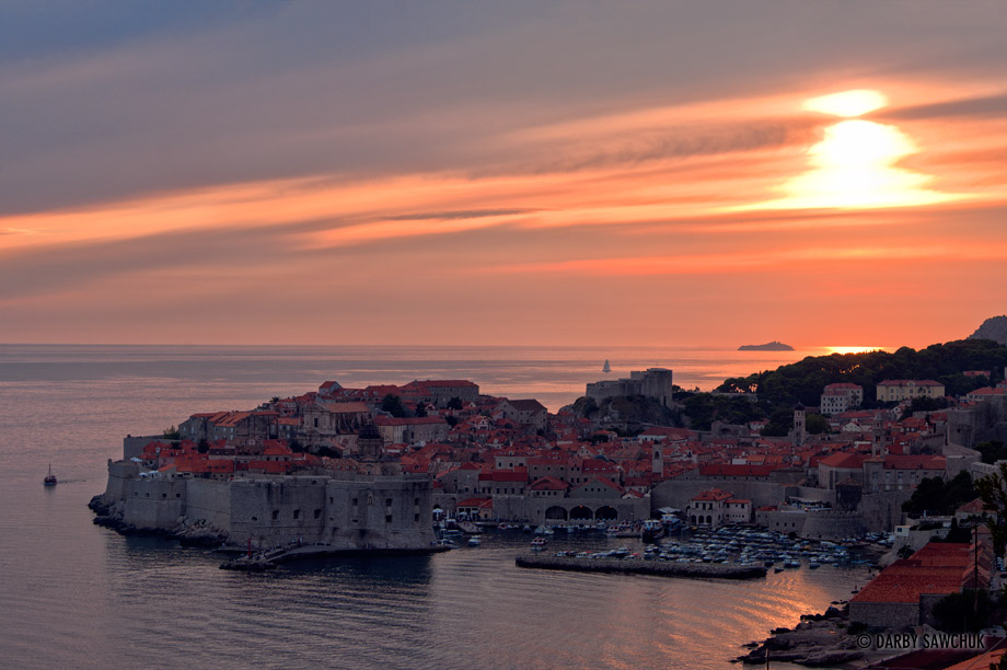 Sunset over the old town of Dubrovnik, Croatia.