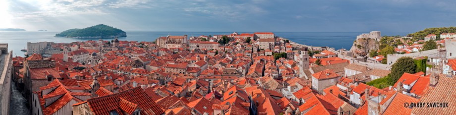 A panoramic view of the old town of Dubrovnik from the city walls.
