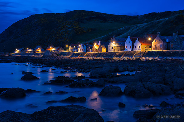 The village of Crovie on the coast of Aberdeenshire, Scotland at dusk.