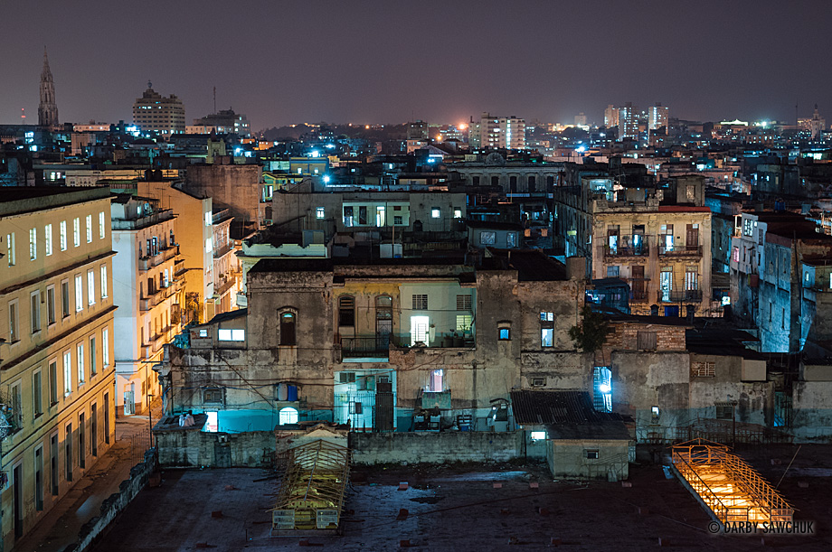 The old buildings of Centro Havana at night.