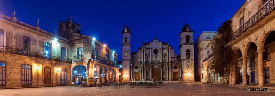 A panoramic view of Havana Cathedral and the Plaza de la Cathedral in Havana Vieja.