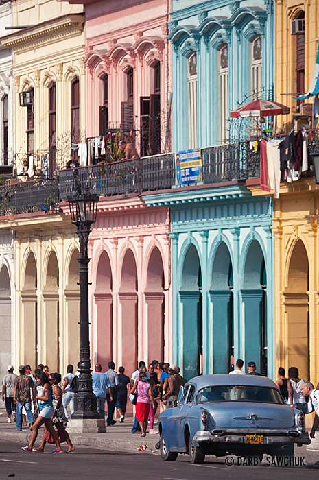 A colourful Spanish Colonial style arcade along Paseo de Marti in Central Havana, Cuba.