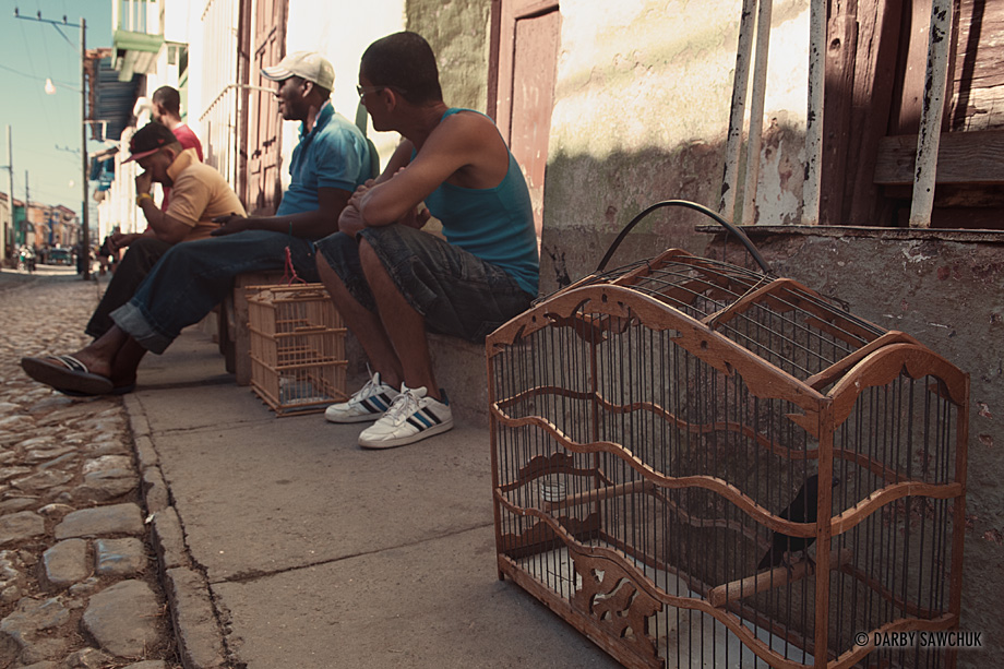 Men sit with their caged birds in the streets of Trinindad, Cuba.
