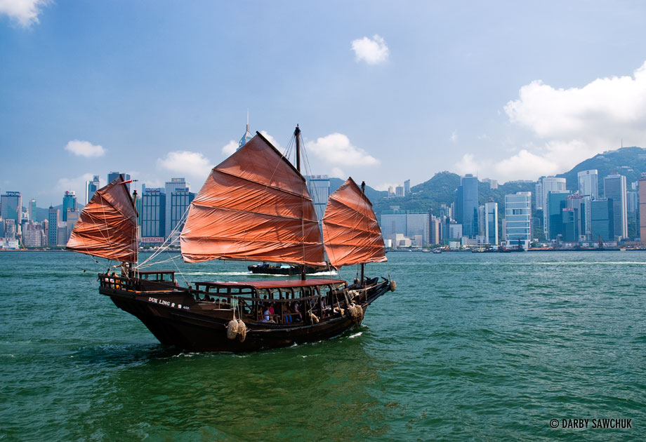 A traditional chinese junk in Hong Kong Harbour.