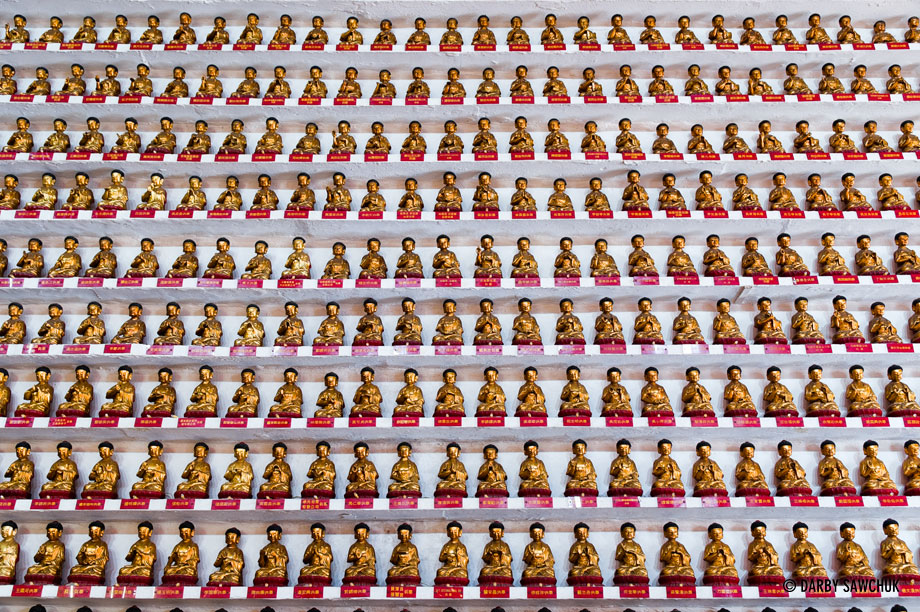 Rows of Buddhas inside the main sanctum of the Ten Thousand Buddhas Monastery in Sha Tin, Hong Kong.