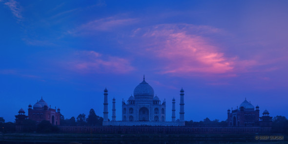 Agra’s Taj Mahal at sunset as viewed from the north across the Yamuna River at Mehtab Bagh.