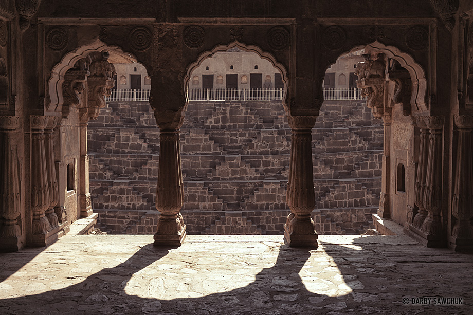 The view out from the pavillion in the Chand Baori Stepwell in the village of Abhaneri near Jaipur in the Indian state of Rajasthan.