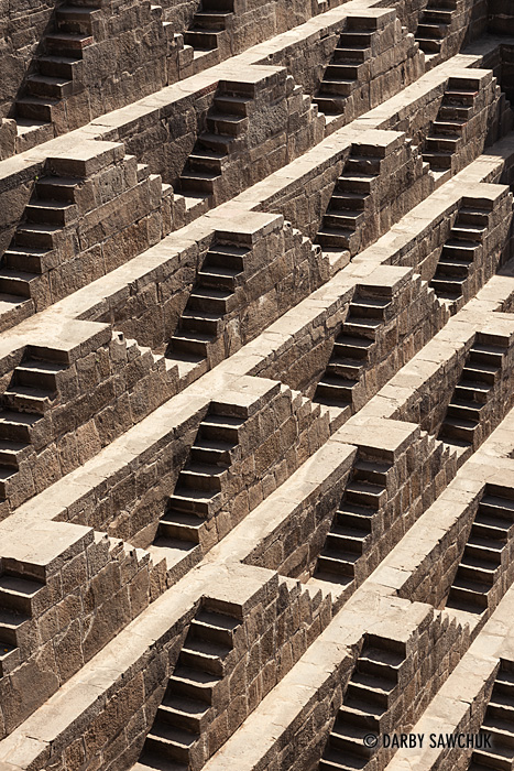 Patterns of stairs in the Chand Baori Stepwell in the village of Abhaneri near Jaipur in the Indian state of Rajasthan.