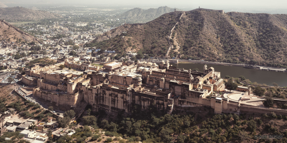 The honey-coloured walls of the Amber Fort near Jaipur as viewed from Jaigarh fort.