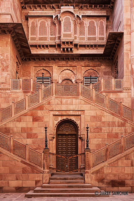 Symmetrical stairways are topped by intricate screens at Junagarh Fort, in Bikaner, Rajasthan.