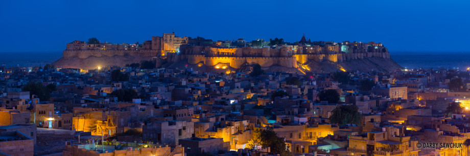 A panoramic view of World Heritage Site Jaisalmer Fort at night, one of the largest in the world and still inhabited today.
