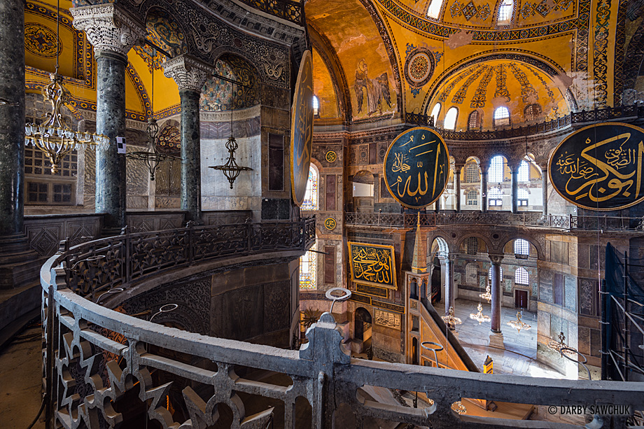 The vast, decorated interior of Istanbul's Hagia Sophia, formerly a Christian bascilica, a mosque and now a museum.