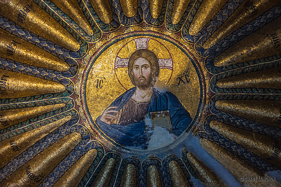 A close up of the Christ Pantocrator mosaic on the dome of the inner narthex in the Chara Church in Istanbul, Turkey.