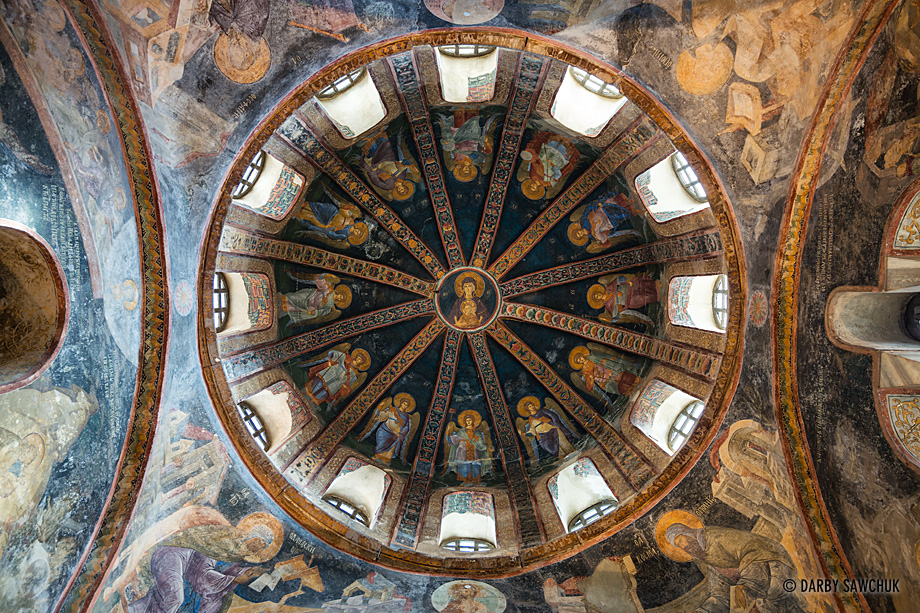 The virgin and child are centred in the painted dome of the parecclesion of Chora Church, in Istanbul.