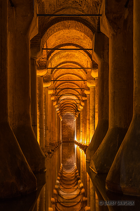 A gallery of columns underground inside the Basilica Cistern in Istanbul, Turkey.
