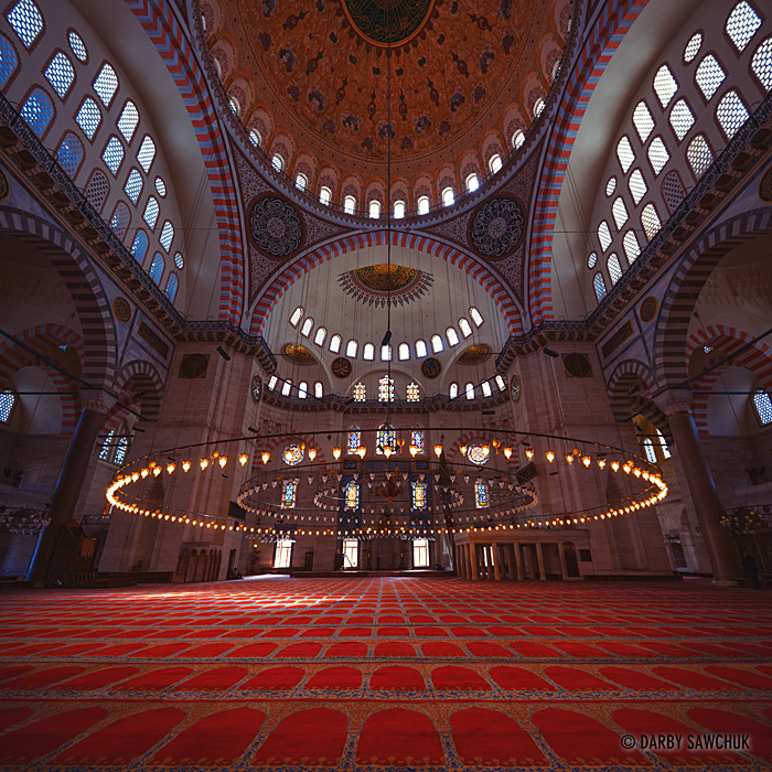 The interior of the Süleymaniye Mosque in Istanbul, Turkey.