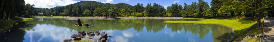 A panoramic view of the lake at the centre of the Motsuji temple complex in Hiraizumi, Japan.