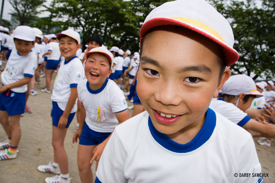 Students mug for the camera on a sports day in Ichinoseki, Japan.