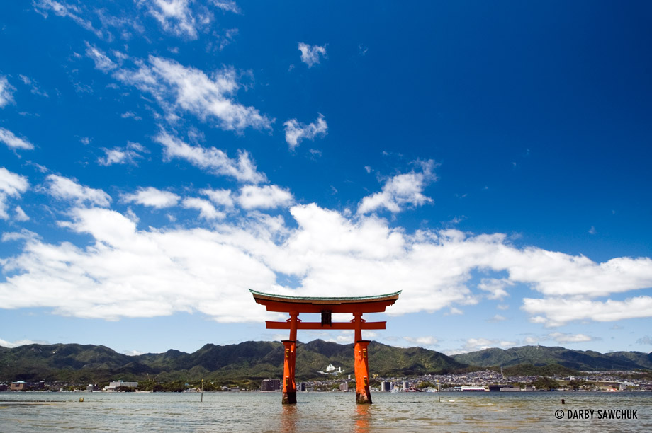 The floating torii gate of Miyajima stands in the bay near the Itsukushima Shrine.