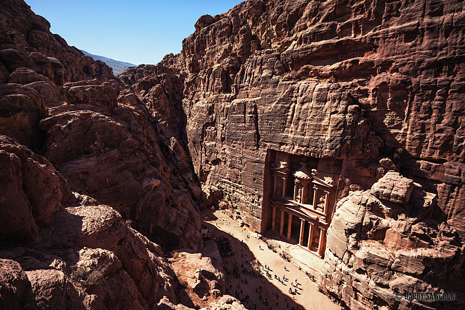 The path above the royal tombs gives a bird's eye view of the Treasury in Petra, Jordan.