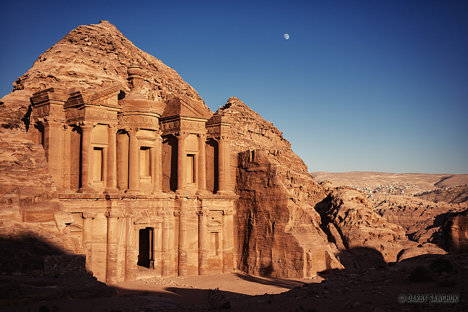 Late afternoon sun colours the sandstone of Al-Deir, the Monastery of Petra.