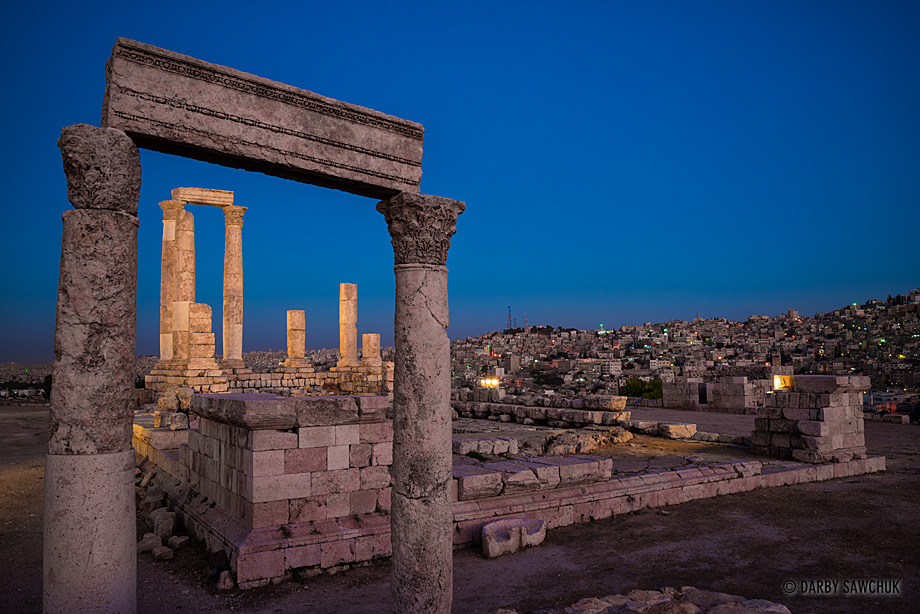 The Temple of Hercules at dusk in the Citadel atop Amman, Jordan.