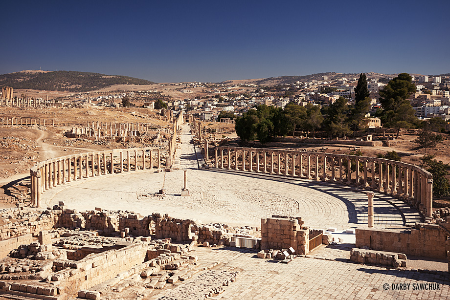 Columns surround the Oval Forum of the well-preserved Roman city of Jerash.