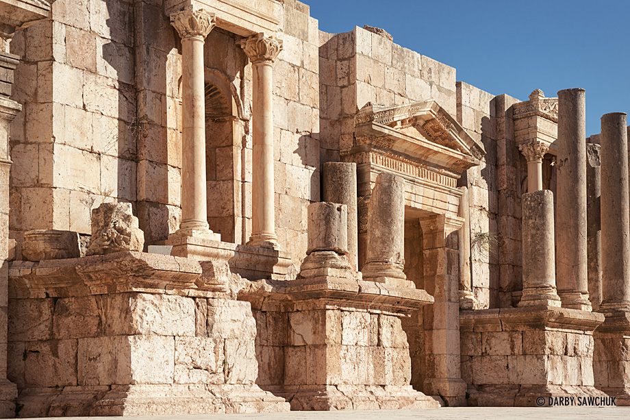 The elaborate stage backgrop of the South Theatre in the Roman city of Jerash.
