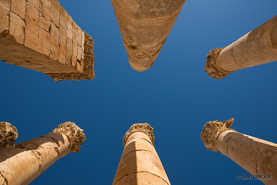 The sandstone columns of the Temple of Artemis rise towards the sky in Jerash, Jordan.