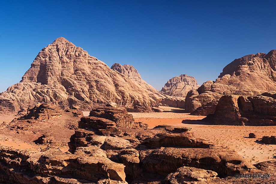The martian landscape of the rock formations in Wadi Rum, Jordan.