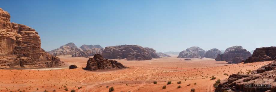The view from Lawrence Spring across the desert sands of Wadi Rum, Jordan.