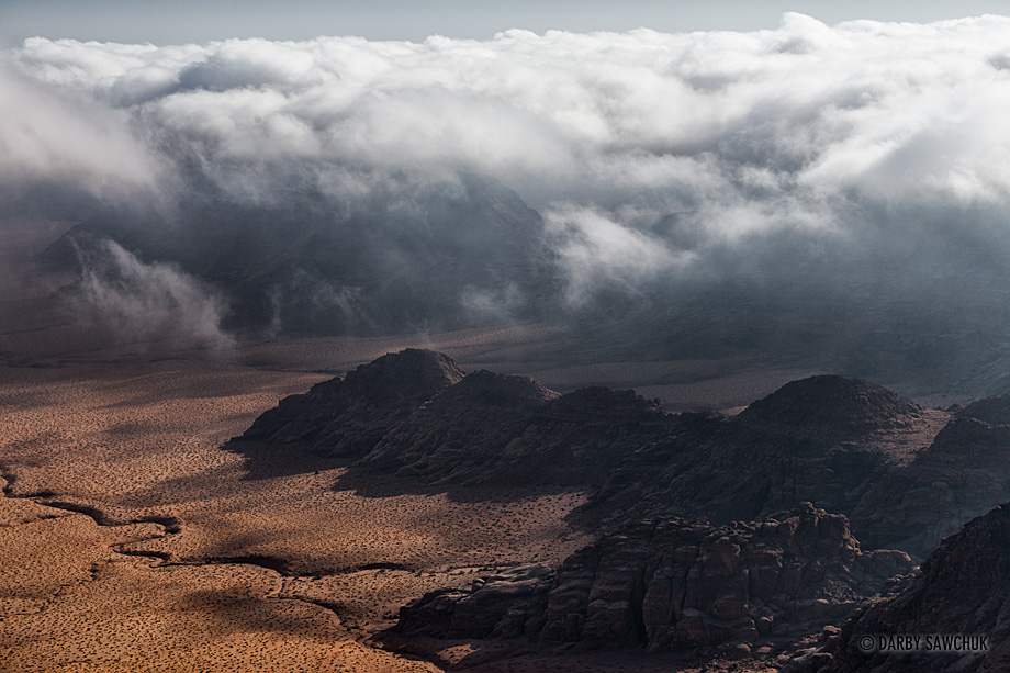 Clouds roll over the southern mountains of Jordan in a view from Jabal Umm ad Dami, Jordan's tallest mountain.