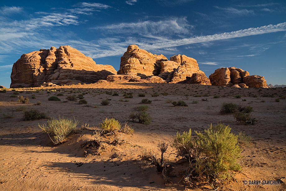 Sandstone rock formations in the desert of Wadi Rum, Jordan.